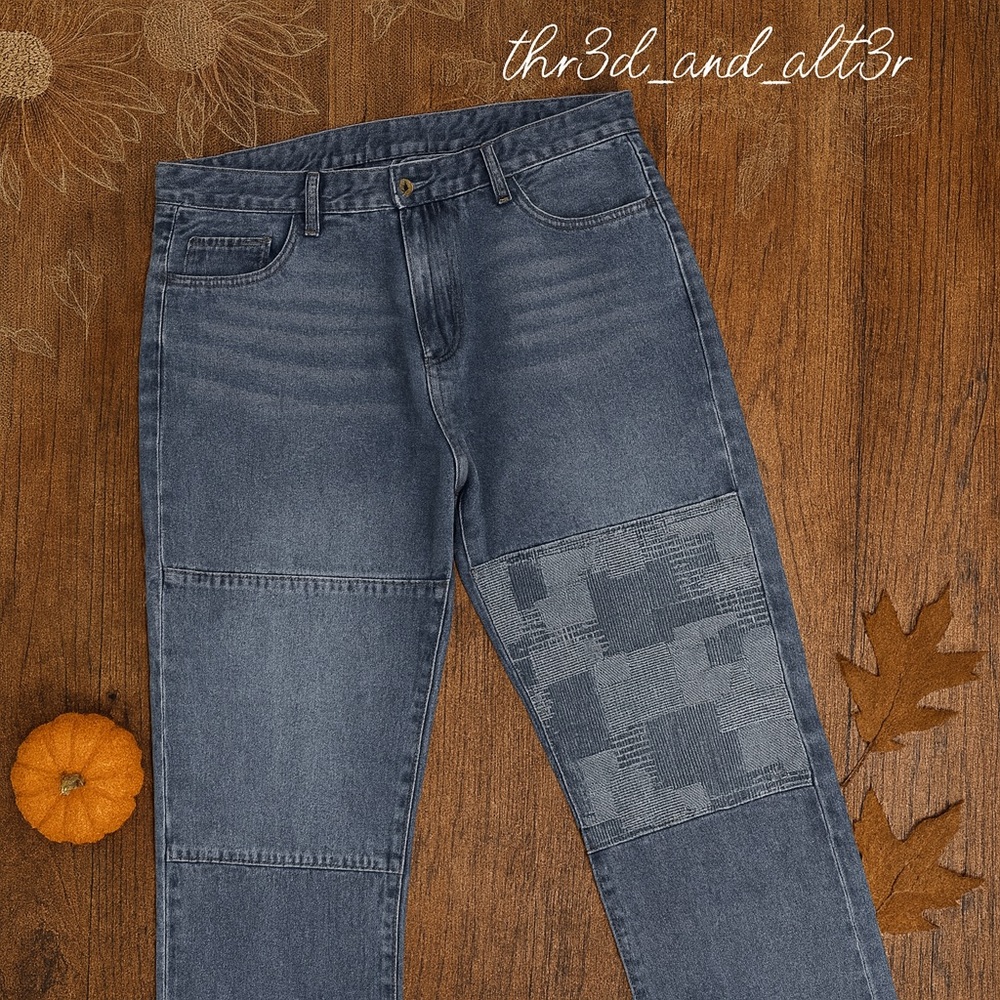 Denim Patchwork & Zebra Print Pocket Jeans — Vintage-Inspired Straight Leg (XL)